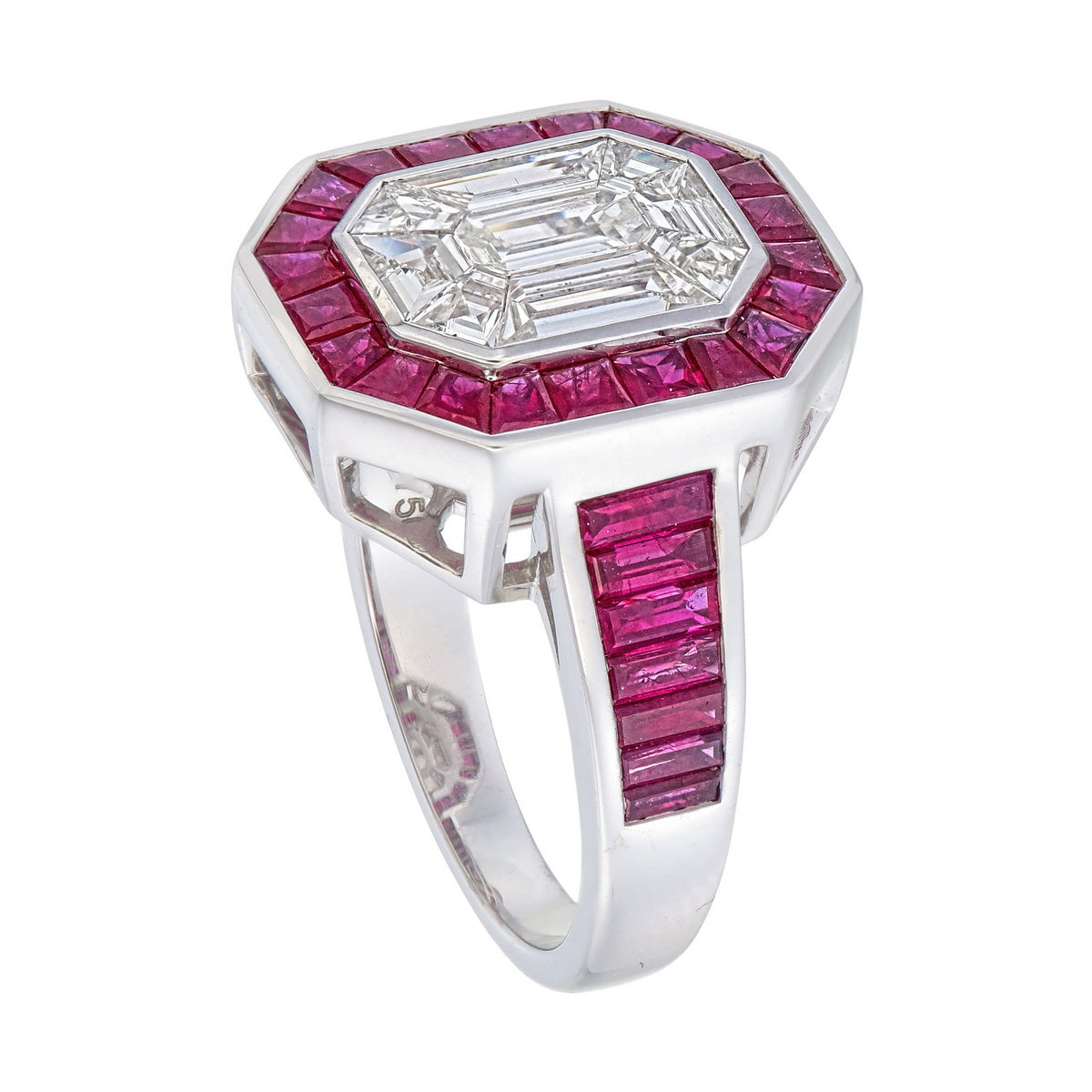 Stylish Invisible Set Ruby and Pie Cut Diamond Ring, Designed for