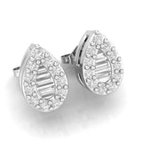 Front view of TE071 pear diamond stud, baguette channel centre with round brilliant milgrain pavé border, 6x4mm, F–G VS clarity