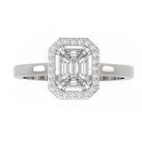 Front view of Baguette Illusion Emerald Style Piecut diamond with a Halo Ring with plain band