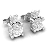 White Gold Two-Stone Diamond Drop Earrings | Minimalist Stacked Studs close up side view