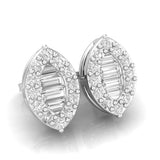 Close up of marquise earring showing channel set baguette diamonds and round brilliant halo milgrain setting