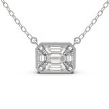 TNK012 pie-cut emerald diamond bezel pendant front view — 1ct face-up look on cable chain, 18kt white gold