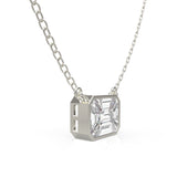 TNK012 pie-cut diamond bezel necklace hanging view on cable chain in 18kt white gold