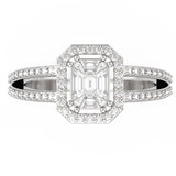Top view of TR004 pie-cut emerald diamond halo ring, seamless step-cut cluster centre in octagonal halo frame, round brilliant pavé split band, F–G VS clarity