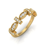 TR072 - 18k Gold Stackable Ring with Beaded Marquise and Diamond Cross Design