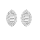 Marquise diamond stud earrings baguette and round diamond halo 18kt white gold front view