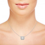 East-West Baguette Illusion Emerald Diamond Double Prong Halo Necklace on model neck