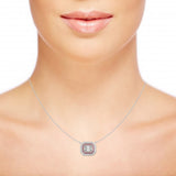  pie-cut diamond double halo necklace with ruby inner halo 18kt white gold neck view