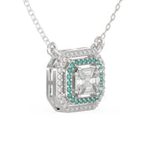 Side angle pie-cut diamond centre with emerald and diamond double halo pendant 18kt gold 