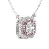pie-cut diamond double halo necklace with ruby inner halo 18kt white gold side view