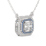  pie-cut diamond double halo necklace with sapphire inner halo 18kt white gold side view