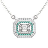 TNK015 pie-cut diamond double halo necklace with emerald inner halo 18kt white gold front view