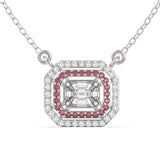 TNK015 pie-cut diamond double halo necklace with ruby inner halo 18kt white gold front view