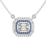 TNK015 pie-cut diamond double halo necklace with sapphire inner halo 18kt white gold front view
