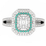 18KT White Gold Baguette Illusion Piecut Diamond Double Halo Ring with Emeralds front view 