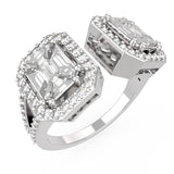 18kt white gold toi et moi pie-cut diamond bypass ring TR022, dual 2ct face-up emerald-cut pie-cut diamond clusters with round brilliant pavé halos, 1.60ct total, open bypass band — Trinity Designer Jewel Bangkok
