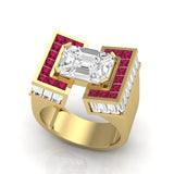 Bespoke Pie-Cut Emerald Diamond Geometric Ring with Rubies front view