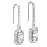 Baguette Illusion Emerald Cut Diamond Halo French Wire Drop Earrings
