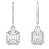 Baguette Illusion Emerald Cut Diamond Halo French Wire Drop Earrings