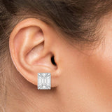 TE016 pie-cut diamond stud earrings close-up showing step-cut mosaic surface and prong ON EARS