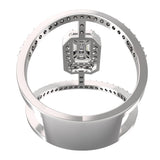Close-up of open orbit curved pavé diamond band on TR025 ring, continuous round brilliant diamonds on wide semicircular arm, asymmetric open frame design
