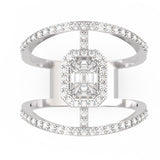Top view of TR025 pie-cut emerald diamond ring, octagonal halo centre with asymmetric open orbit pavé band, curved upper arm and straight lower pavé arm, 18kt gold