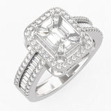18kt white gold pie-cut emerald diamond halo ring TR034, 0.70ct pie-cut centre, round brilliant halo, dual split band with baguette channel and pavé, 1.30ct total