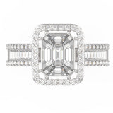 Top view of TR034 pie-cut emerald diamond ring, large seamless step-cut cluster centre, round brilliant milgrain halo, dual baguette and pavé split band shoulders