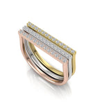 Tri-Color Gold Diamond Pave Flat Bar Stackable Ring Set (3-Piece)
