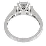 Close-up of pie-cut emerald-cut diamond cluster on TR040, step-cut baguette diamonds in six-prong setting, seamless rectangular face-up appearance, 18kt gold