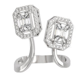 Top view of TR041 toi et moi pie-cut emerald diamond ring, two seamless step-cut cluster heads with octagonal halos facing each other on open bypass band