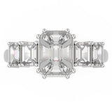 Top view of TR047 five-stone emerald-cut diamond ring, pie-cut cluster centre with four graduating emerald-cut shoulders, unified step-cut face across full band width