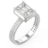 TR057 pie-cut emerald diamond ring with triple-row pavé band in 18kt white gold — 0.70ct centre stone