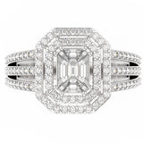 18k White Gold Emerald  illusion Diamond Double Halo Engagement Ring front view