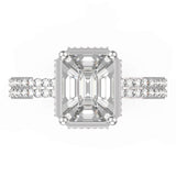 TR057 pie-cut emerald diamond ring with triple-row pavé band in 18kt white gold front view
