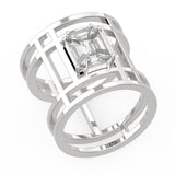 18kt white gold pie-cut emerald diamond ring TR059, 1.00ct pie-cut cluster centre on open grid three-rail polished gold band, architectural design