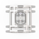 Top view of TR059 pie-cut emerald diamond ring, seamless step-cut cluster centre in four-prong setting, open rectangular grid band structure, 18kt gold