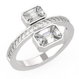 18KT white Gold Two-Stone Baguette Illusion Emerald Cut Diamond Toi et Moi Bezel Bypass Ring on hand view
 close up view