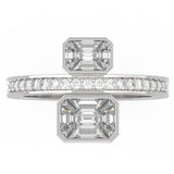 18KT white Gold Two-Stone Baguette Illusion Emerald Cut Diamond Toi et Moi Bezel Bypass Ring on hand view
front 
