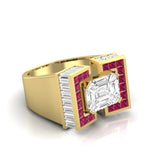 Bespoke Pie-Cut Emerald Diamond Geometric Ring with Rubies side view