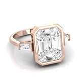 Three quarter view of TR108 pie-cut mosaic diamond ring with baguette shoulders 18kt gold