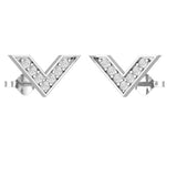 Pair of geometric chevron pavé diamond stud earrings in 18kt white gold angled view