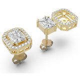 18KT White Gold Baguette Illusion Emerald Cut Diamond Double Halo Stud Earrings