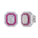 18KT White Gold Mixed-Cut Baguette Illusion and Round Diamond Double Halo Stud Earrings with Rubies