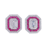 18kt gold pie-cut mosaic diamond ruby double halo stud earrings 1.70ct total  close up view