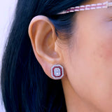 18kt gold pie-cut mosaic diamond ruby double halo stud earrings 1.70ct total on ears 
