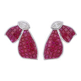 Close-up of AER069 invisible set ruby fan earring, calibré rubies set flush across central fan and two wings, bezel marquise diamond, 18kt gold
