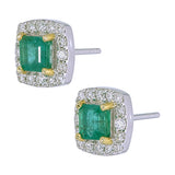 18K White Gold Square Green Emerald Halo Earrings side view 