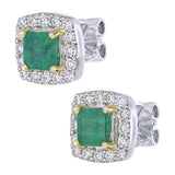 18K White Gold Square Green Emerald Halo Earrings side view with backs