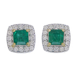 front view close up 18K White Gold Square Green Emerald Halo Earrings